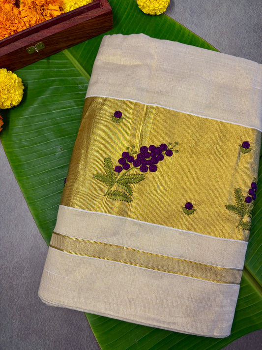 Flower Embroidery Tissue Kasavu Saree MJ148