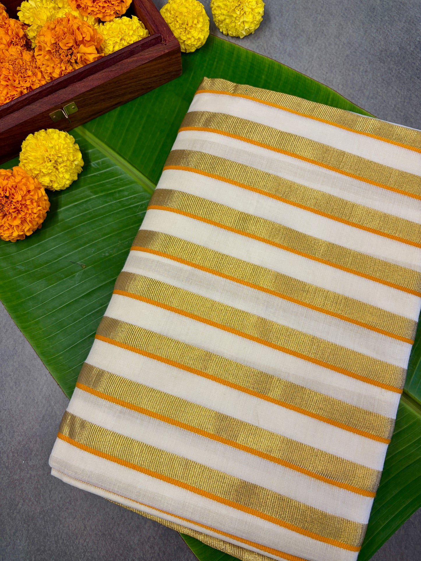 Kerala Kasavu Saree with Maroon & Orange Stripes MJ146