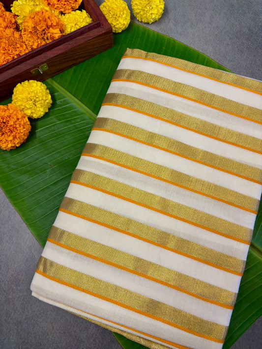 Kerala Kasavu Saree with Maroon & Orange Stripes MJ146