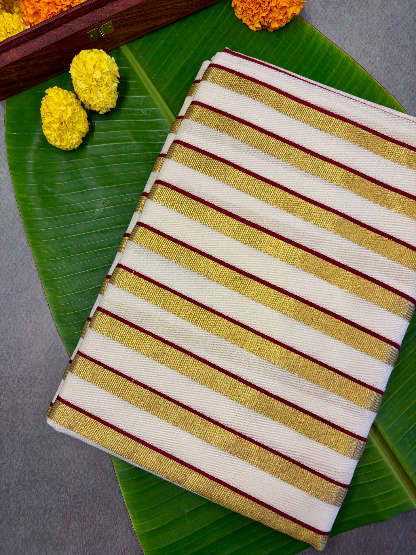 Kerala Kasavu Saree with Maroon & Orange Stripes MJ146