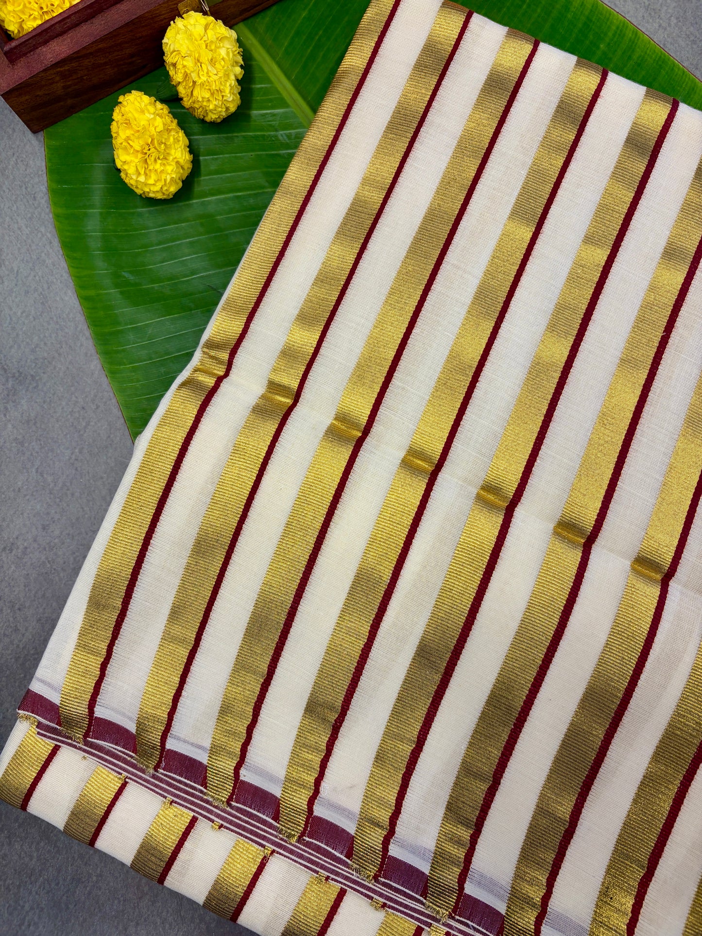 Kerala Kasavu Saree with Maroon & Orange Stripes MJ146