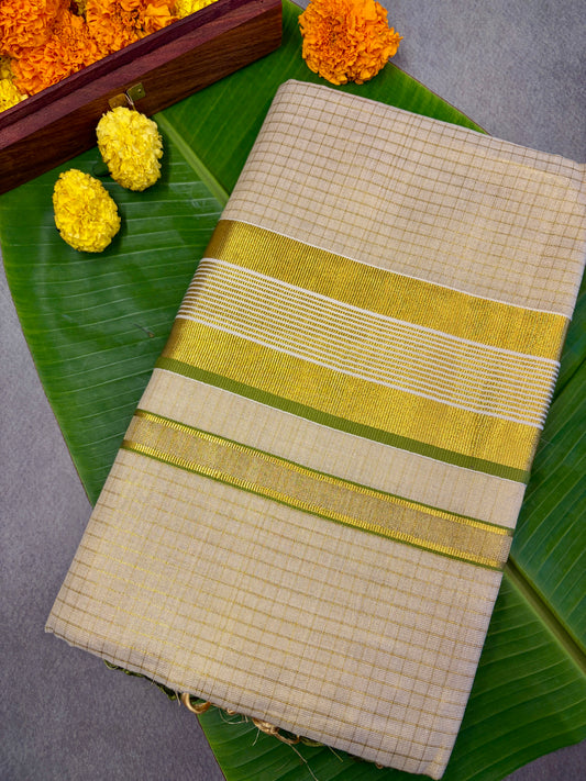 Traditional Pea Green Tiny Checks Balaramapuram Kasavu Saree MJ145
