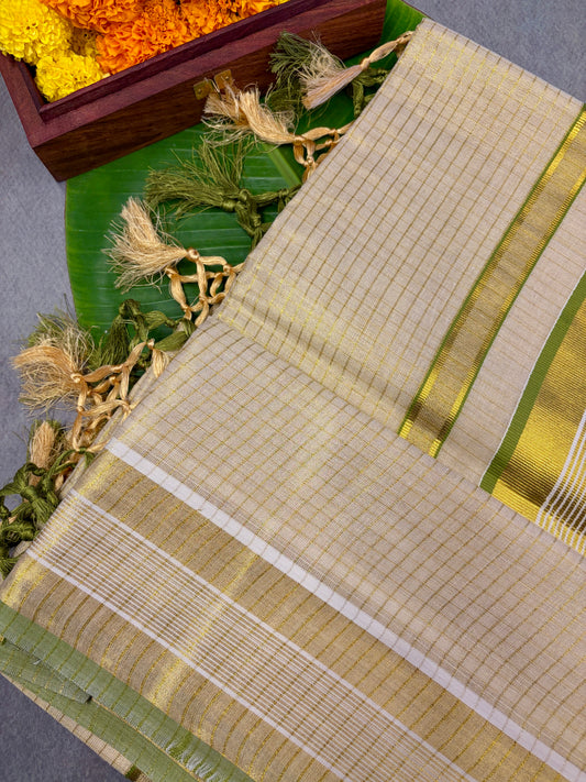Traditional Pea Green Tiny Checks Balaramapuram Kasavu Saree MJ145