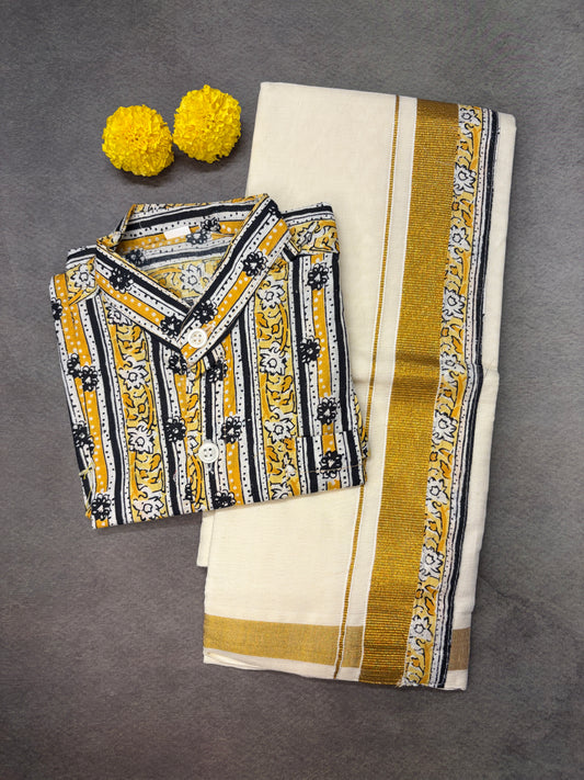 Boys Floral Print Cotton Shirt with Velcro Golden Kasavu Mundu Combo MJ167