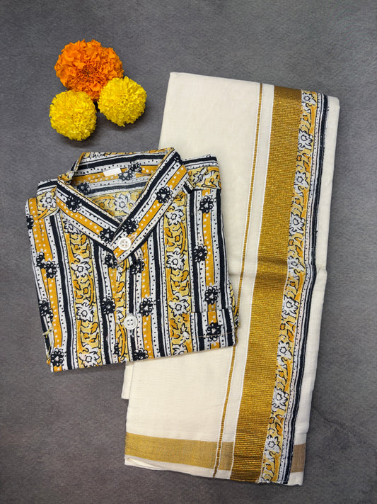 Boys Floral Print Cotton Shirt with Velcro Golden Kasavu Mundu Combo MJ167