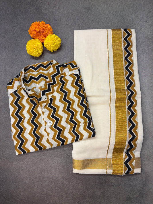 Boys Zigzag Print Cotton Shirt with Velcro Golden Kasavu Mundu Combo MJ168