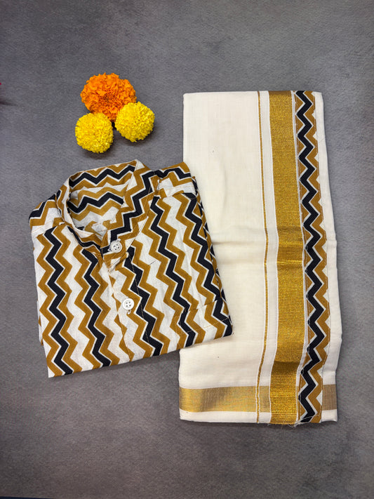 Boys Zigzag Print Cotton Shirt with Velcro Golden Kasavu Mundu Combo MJ168