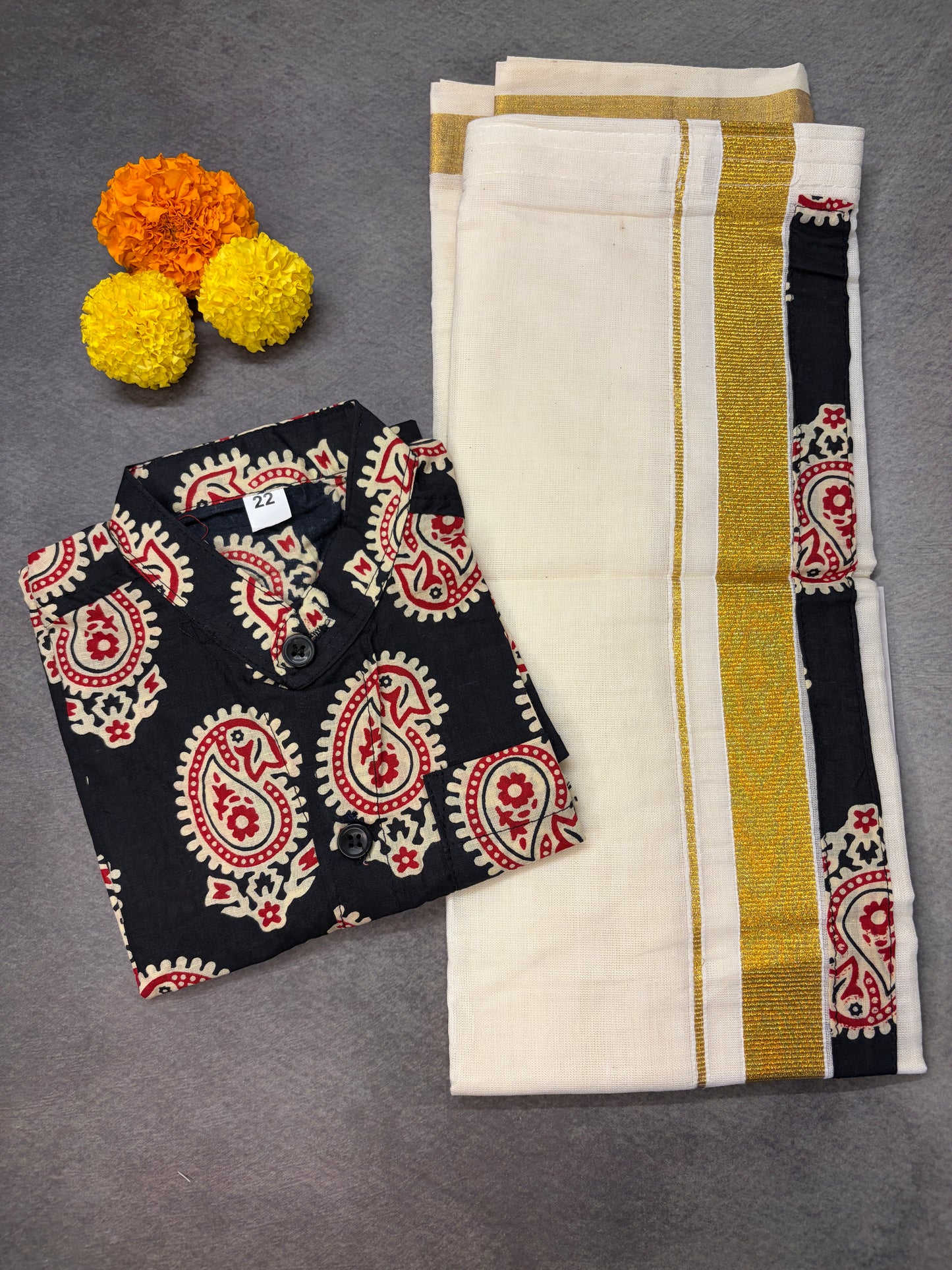 Boys Black Paisley Cotton Shirt with Velcro Golden Kasavu Mundu Combo MJ169