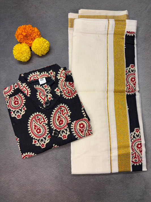 Boys Black Paisley Cotton Shirt with Velcro Golden Kasavu Mundu Combo MJ169