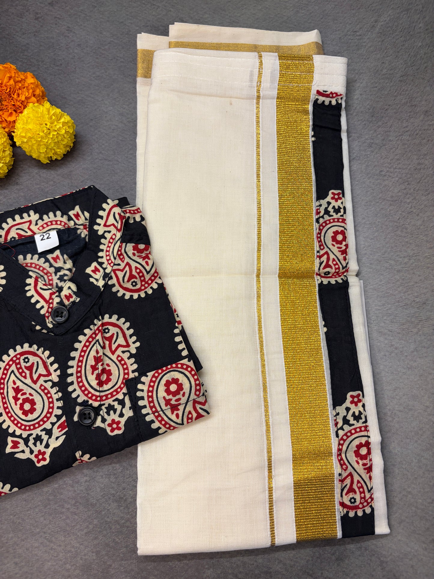 Boys Black Paisley Cotton Shirt with Velcro Golden Kasavu Mundu Combo MJ169