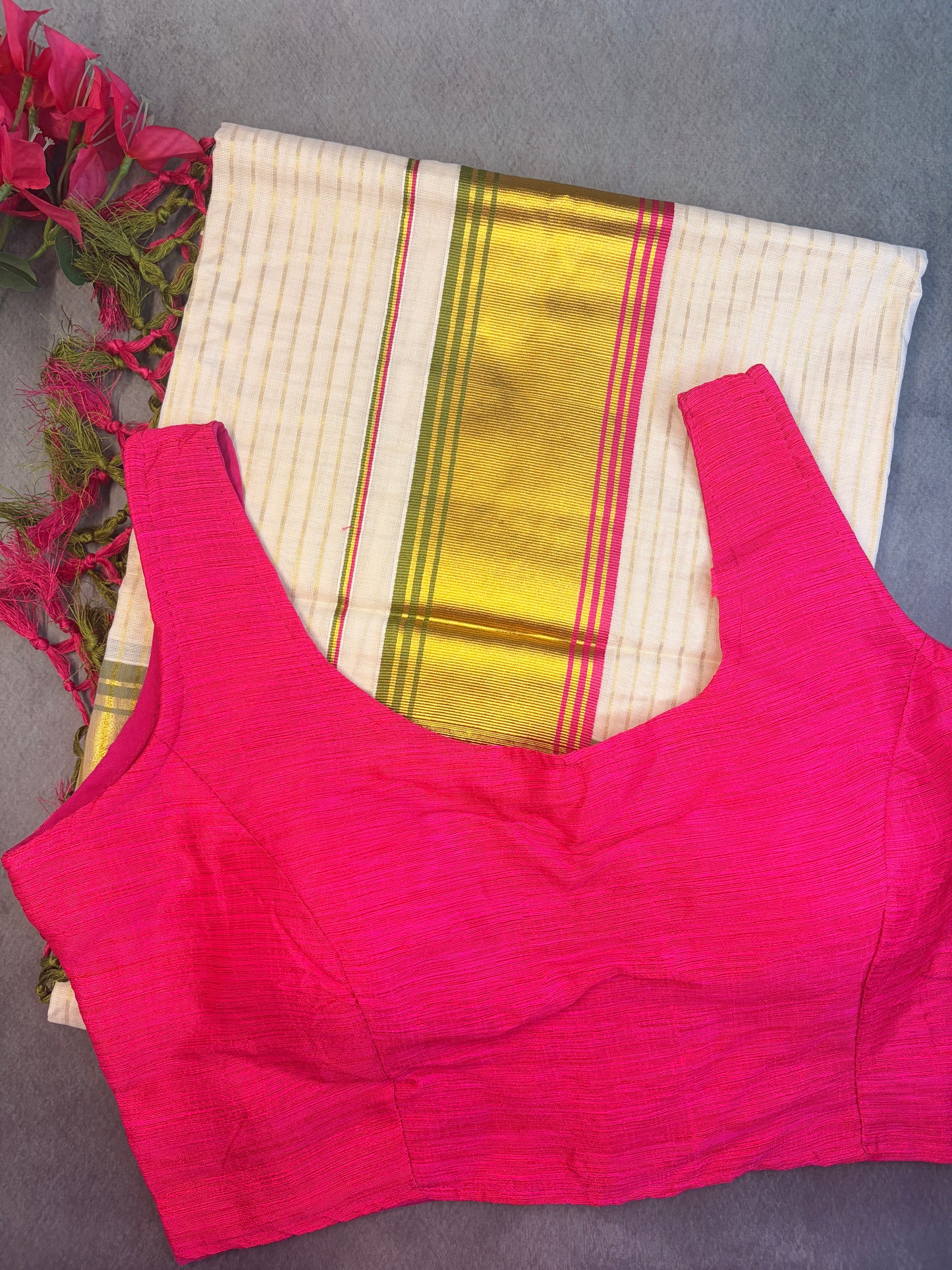 Pea Green & Pink Stripe Kasavu Saree With Gold Zari Border MJ135