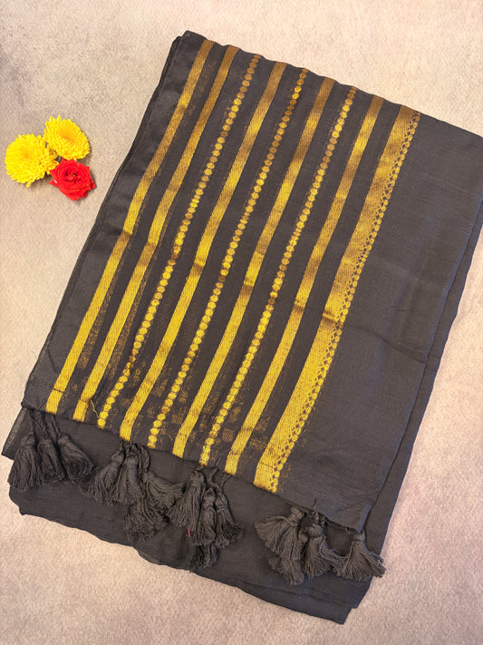Black Mulmul Cotton Saree with Gold Zari Stripes & Handmade Tassels MJ152