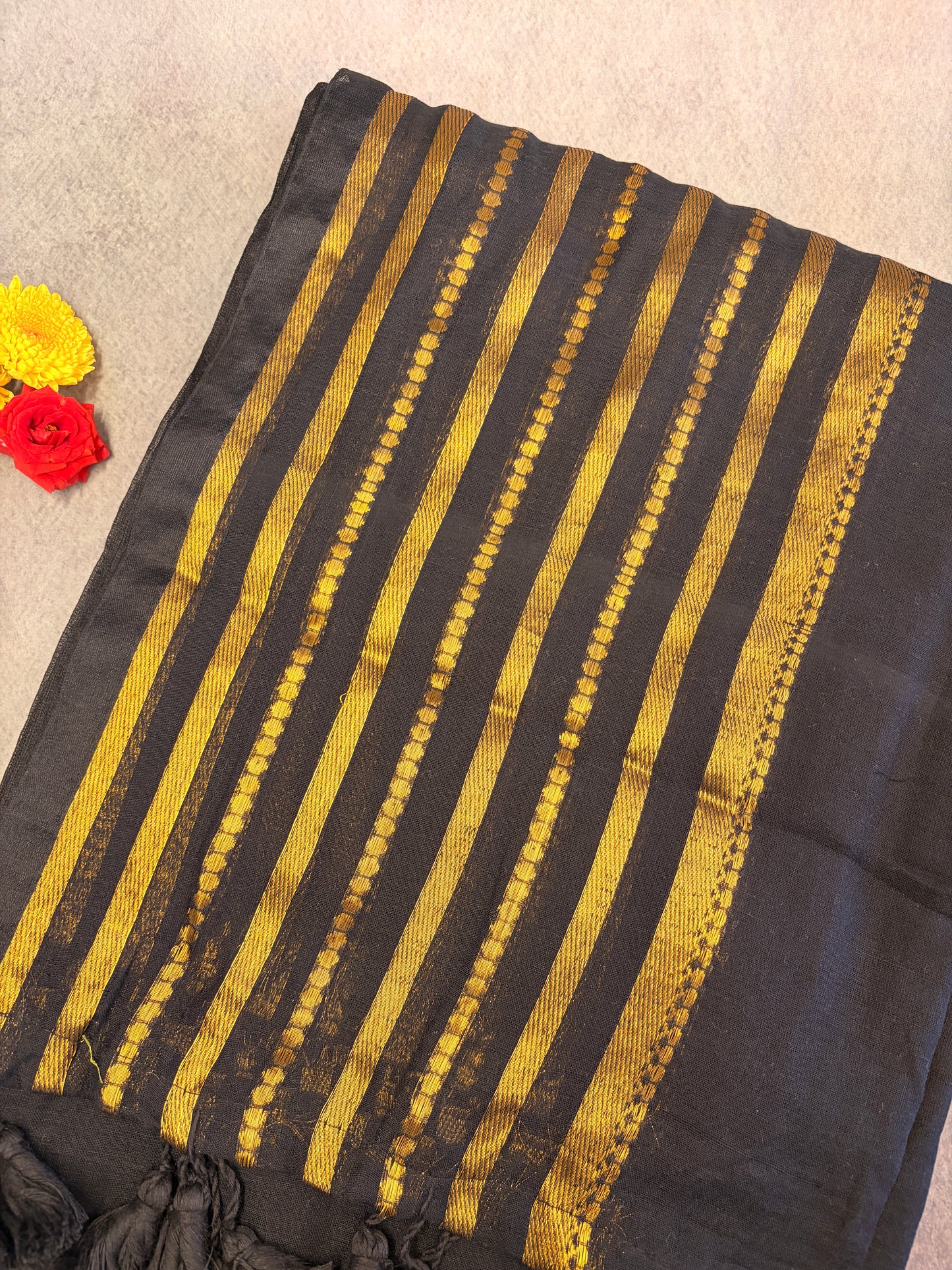 Black Mulmul Cotton Saree with Gold Zari Stripes & Handmade Tassels MJ152