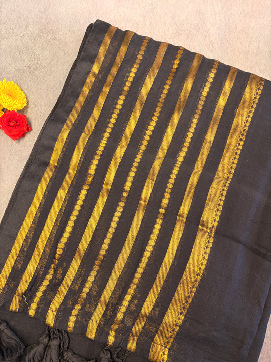 Black Mulmul Cotton Saree with Gold Zari Stripes & Handmade Tassels MJ152