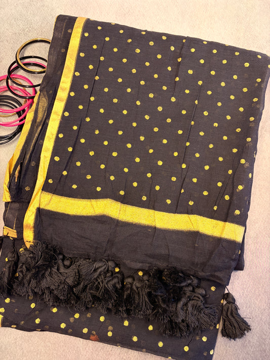 Black Mulmul Cotton Saree with Gold Polka Dots & Handmade Tassels MJ153