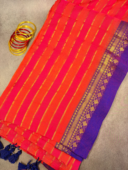 Pink & Orange Mul Cotton Saree with Royal Blue Zari Border MJ155