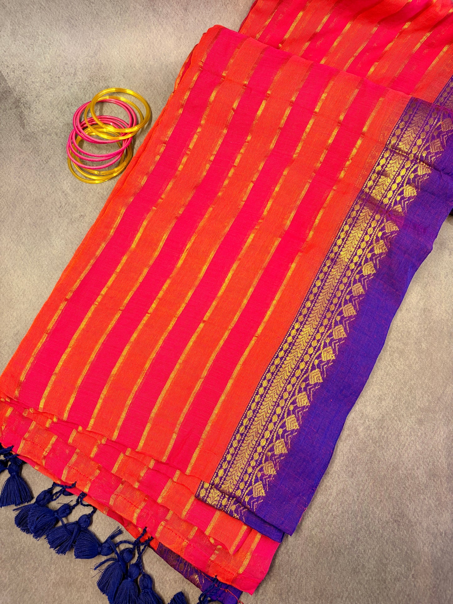 Pink & Orange Mul Cotton Saree with Royal Blue Zari Border MJ155