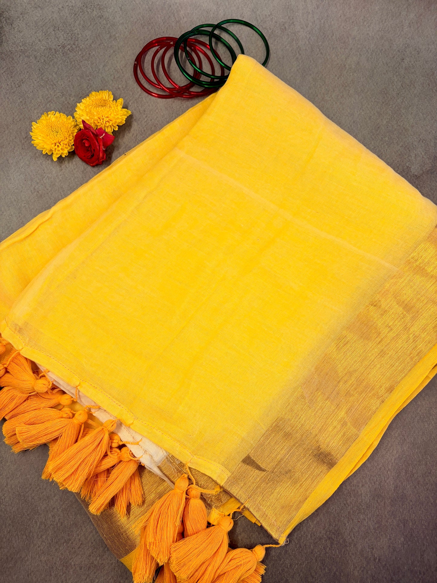 Yellow & White 120 Count Mul Cotton Saree with Gold Zari Border MJ156