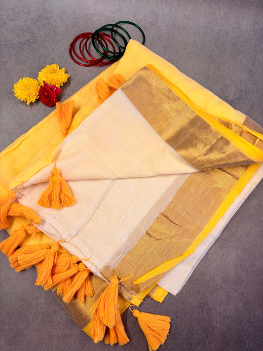 Yellow & White 120 Count Mul Cotton Saree with Gold Zari Border MJ156