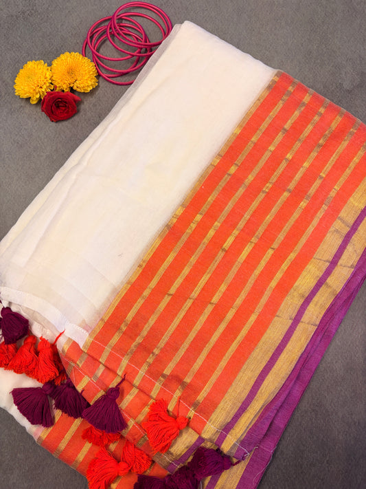 White 120 Count Mul Cotton Saree with Coral Orange & Purple Zari Border MJ157
