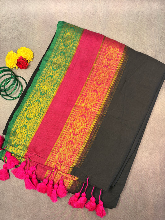 Black 120 Count Mul Cotton Saree with Pink & Green Zari Border MJ158