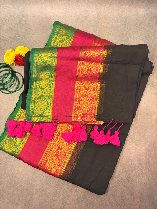 Black 120 Count Mul Cotton Saree with Pink & Green Zari Border MJ158