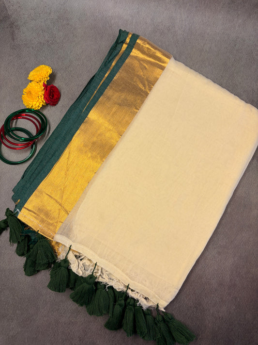 120 Count Mul Cotton Kerala Kasavu Saree with Green Zari Border MJ159