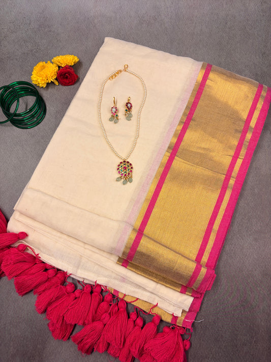 120 Count Mul Cotton Kerala Kasavu Saree with Pink Zari Border MJ160