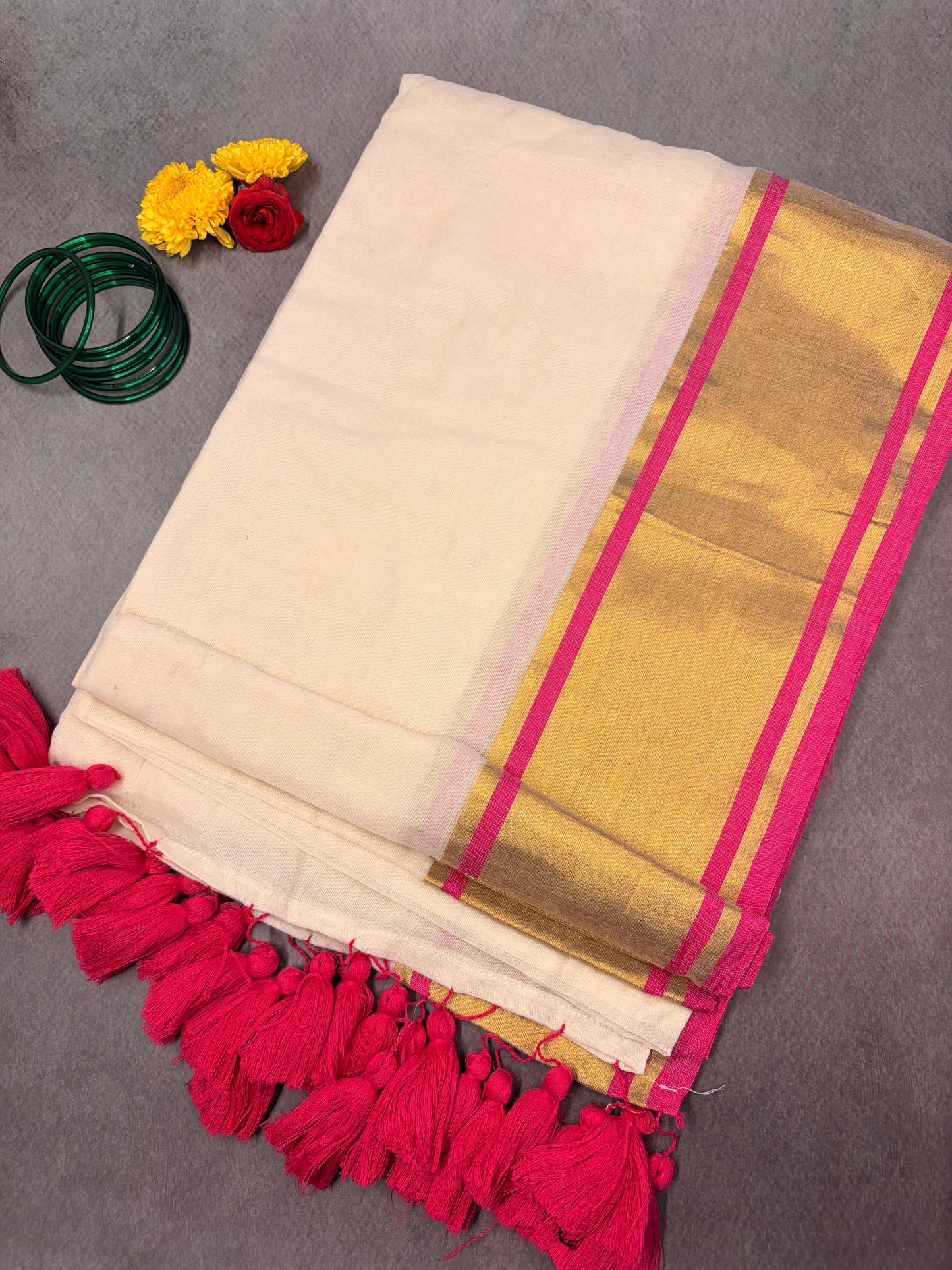 120 Count Mul Cotton Kerala Kasavu Saree with Pink Zari Border MJ160