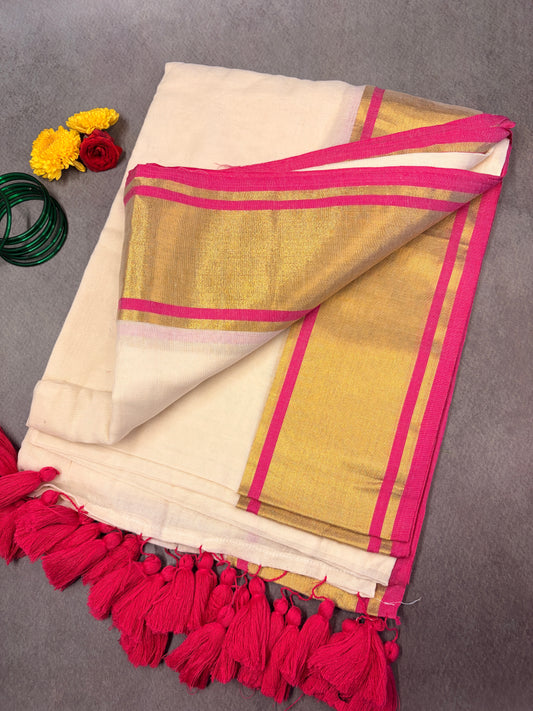 120 Count Mul Cotton Kerala Kasavu Saree with Pink Zari Border MJ160