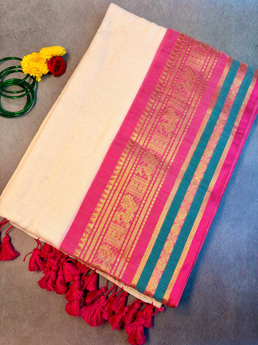 120 Count Mul Cotton Kerala Kasavu Saree with Pink Peacock Zari Border MJ161