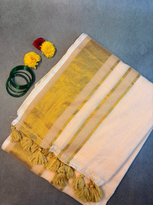 120 Count Mul Cotton Melon Beige Kerala Kasavu Saree with Classic Gold Zari Border MJ162