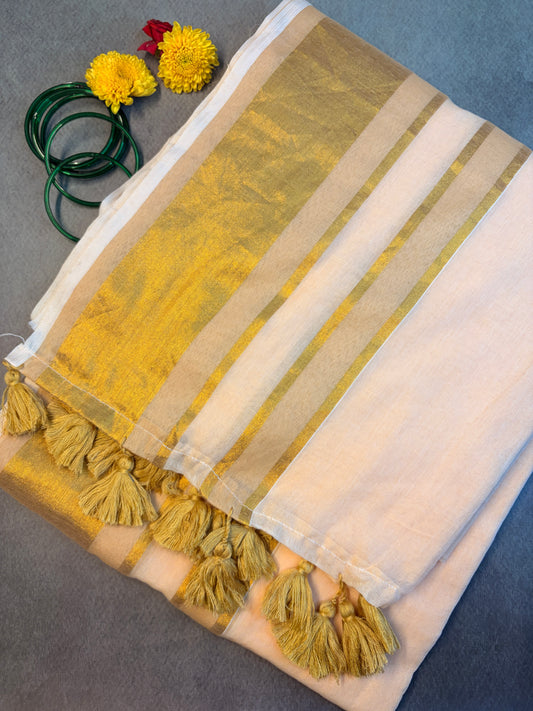 120 Count Mul Cotton Melon Beige Kerala Kasavu Saree with Classic Gold Zari Border MJ162