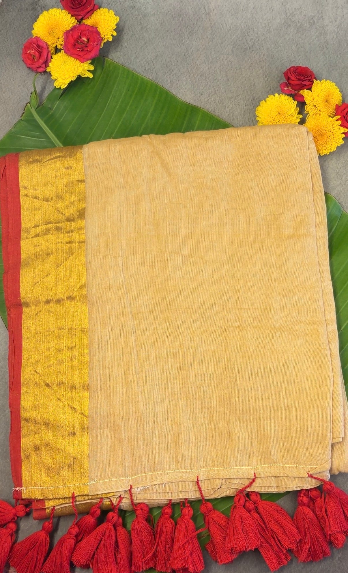 120 Count Beige Mul Cotton Saree with Gold Zari Border & Handmade Red Tassels MJ150