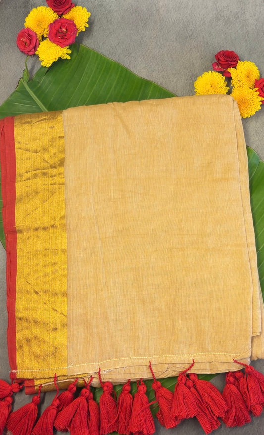 120 Count Beige Mul Cotton Saree with Gold Zari Border & Handmade Red Tassels MJ150