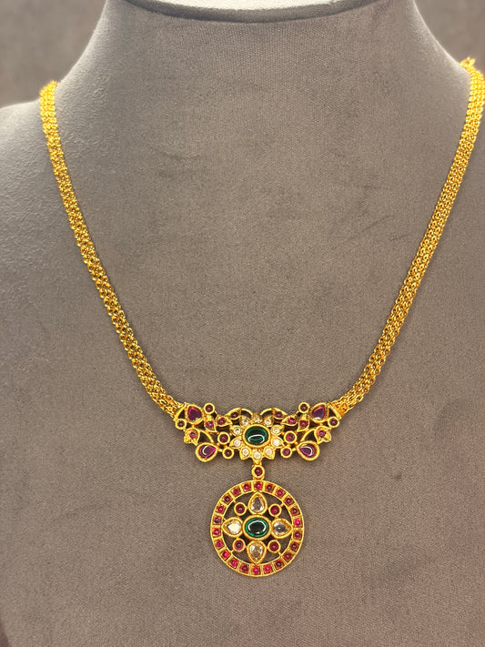 Matt Gold Pendant Necklace Set with Green & Ruby Stones MJ132