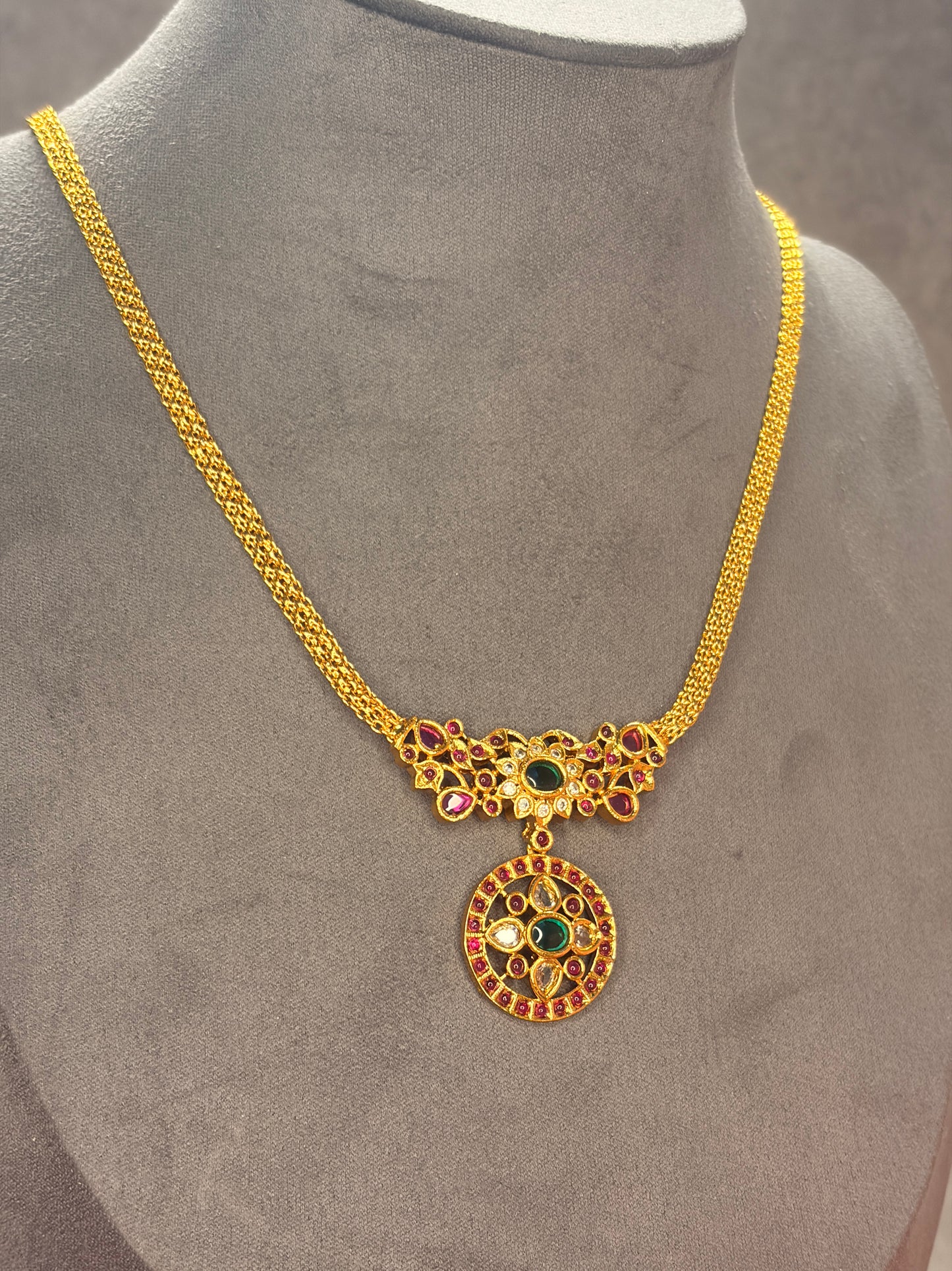 Matt Gold Pendant Necklace Set with Green & Ruby Stones MJ132