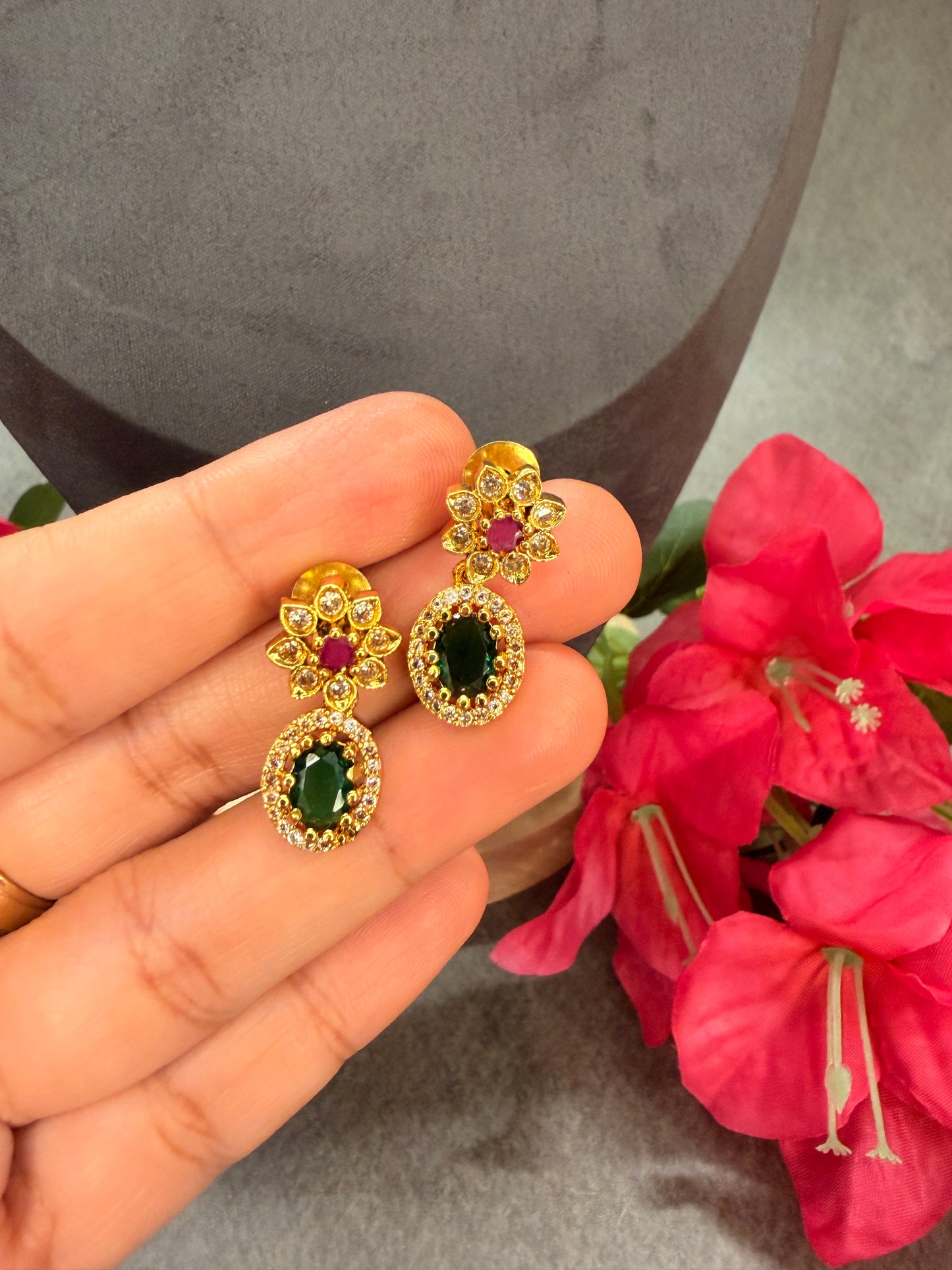 Floral Tube Necklace Set with Green & Ruby Stones MJ131
