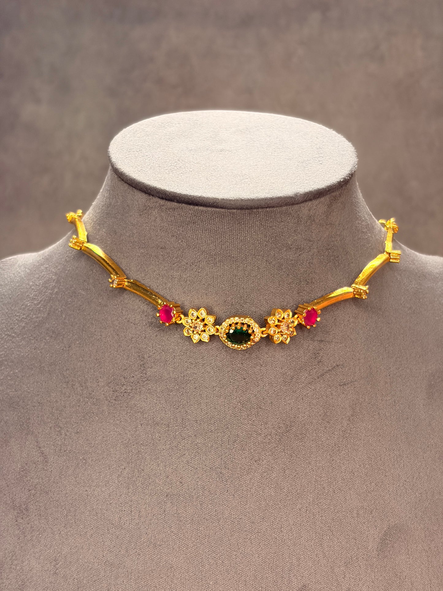 Floral Tube Necklace Set with Green & Ruby Stones MJ131