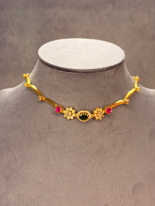 Floral Tube Necklace Set with Green & Ruby Stones MJ131