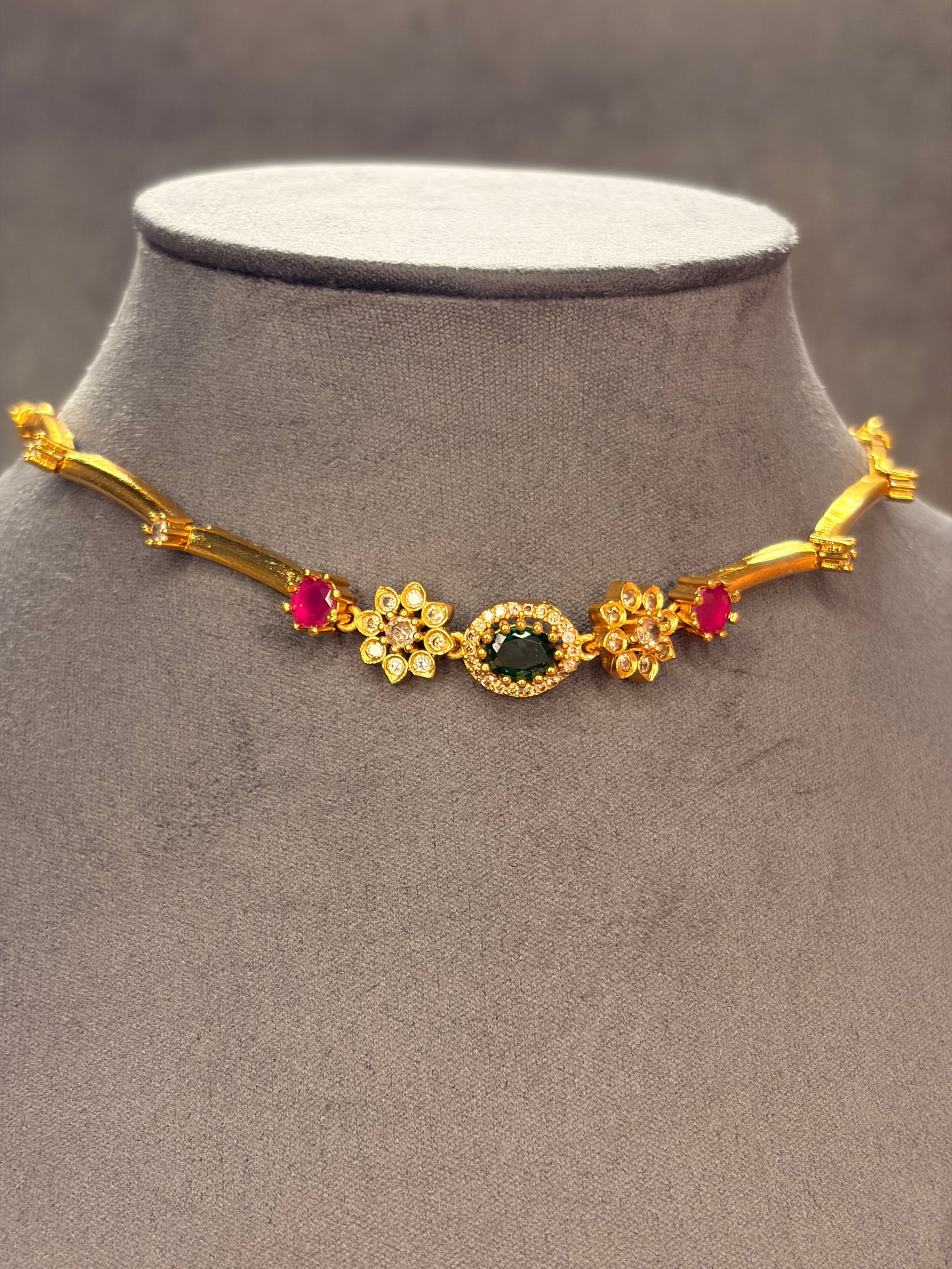 Floral Tube Necklace Set with Green & Ruby Stones MJ131