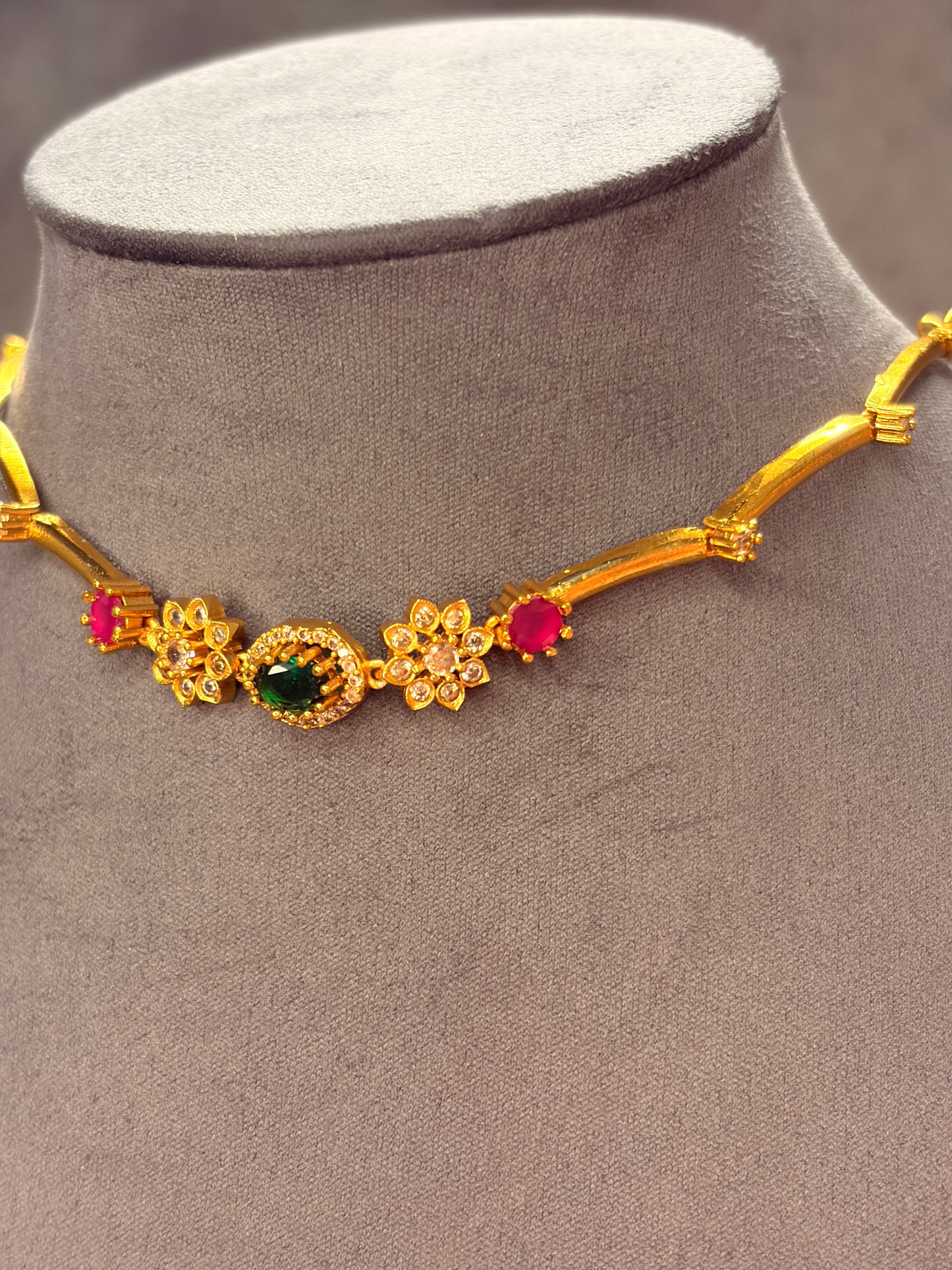 Floral Tube Necklace Set with Green & Ruby Stones MJ131