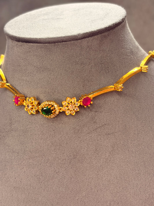 Floral Tube Necklace Set with Green & Ruby Stones MJ131