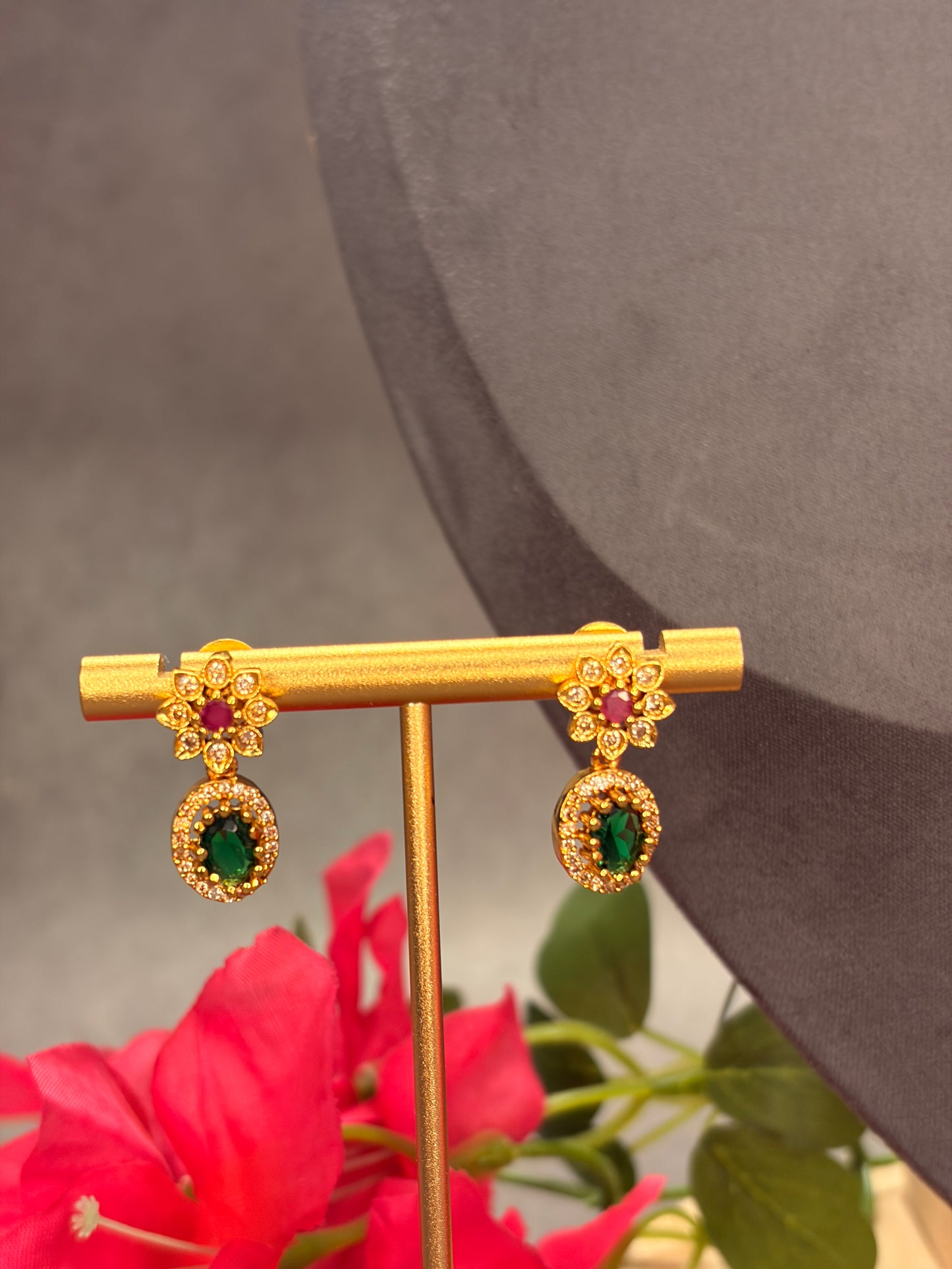 Floral Tube Necklace Set with Green & Ruby Stones MJ131