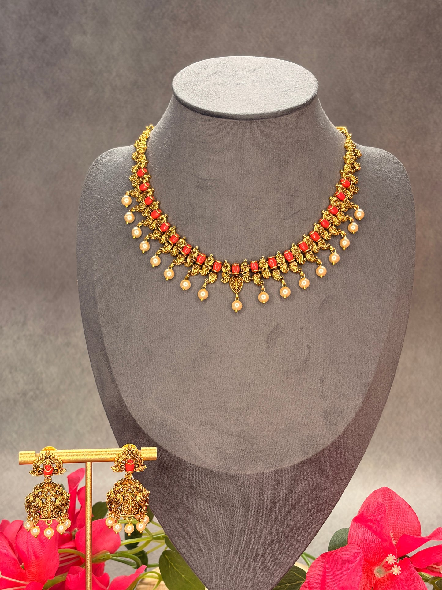 Coral Antique Pearl Necklace Set MJ127