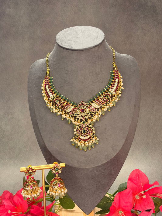 2-in-1 Matt Gold Jadau Kundan Necklace Set with Two Interchangeable Pendants MJ183
