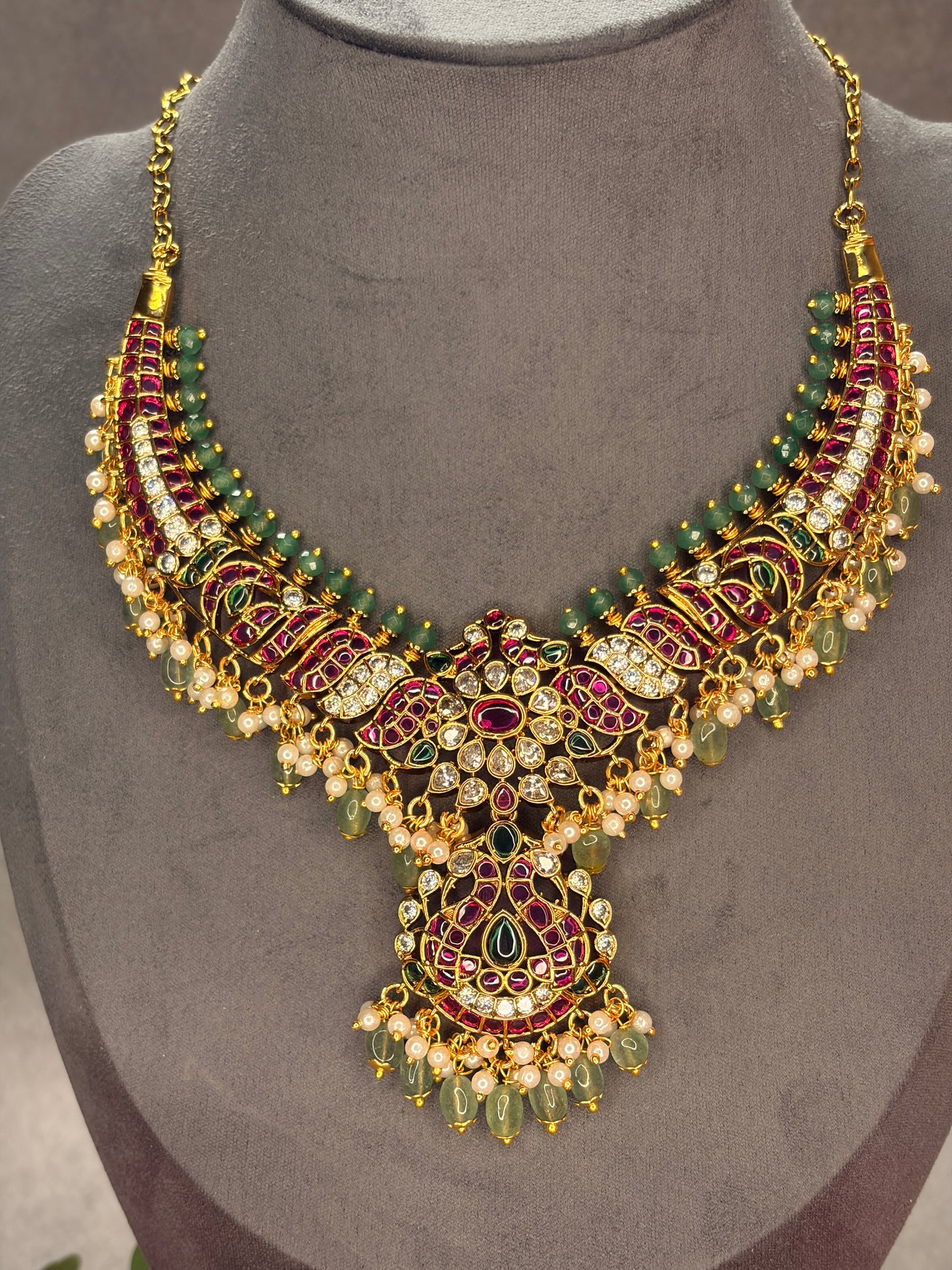 2-in-1 Matt Gold Jadau Kundan Necklace Set with Two Interchangeable Pendants MJ183
