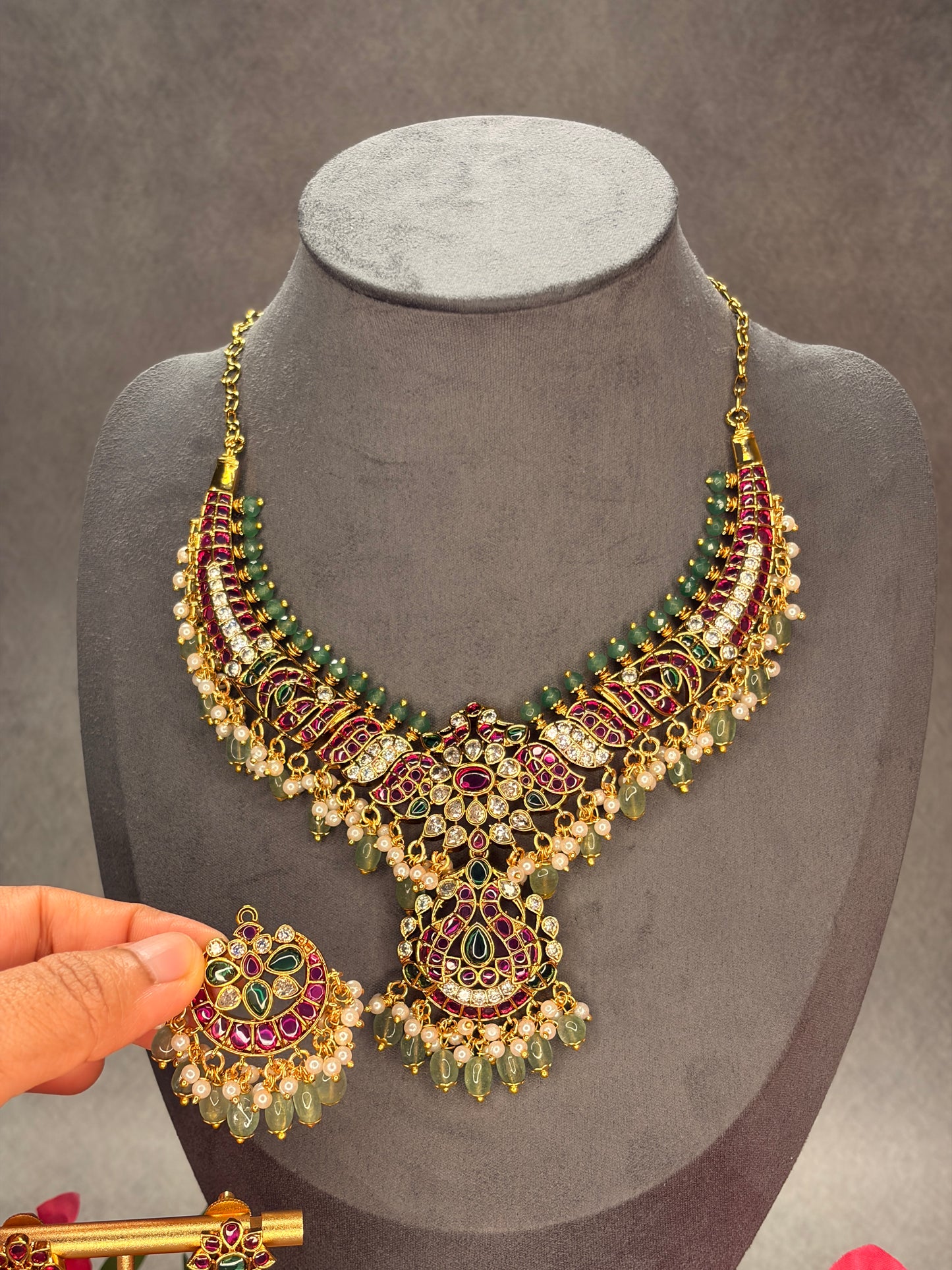 2-in-1 Matt Gold Jadau Kundan Necklace Set with Two Interchangeable Pendants MJ183