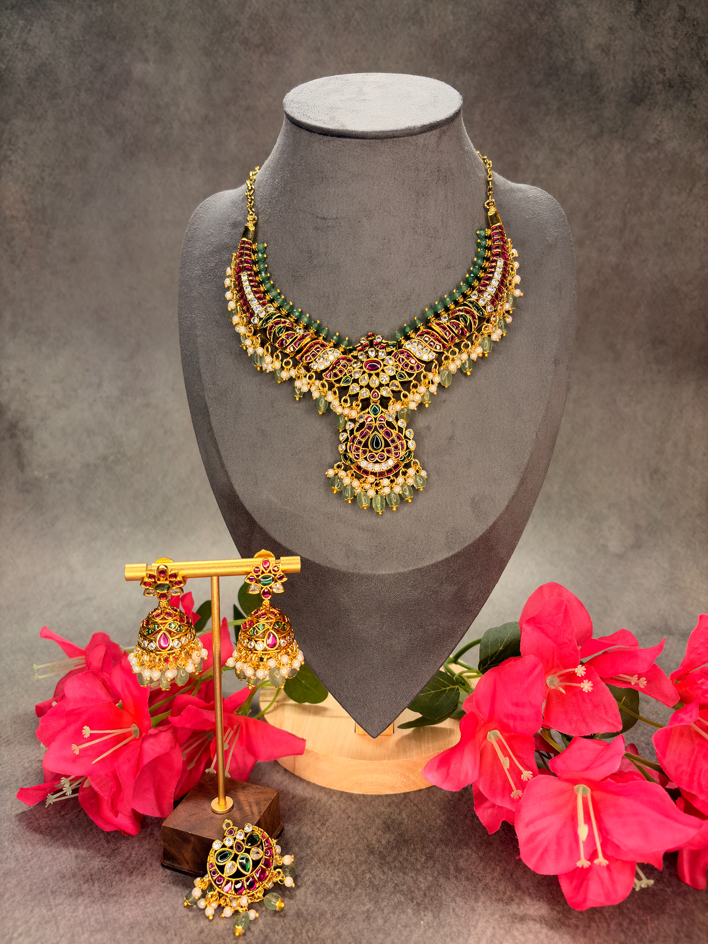 2-in-1 Matt Gold Jadau Kundan Necklace Set with Two Interchangeable Pendants MJ183