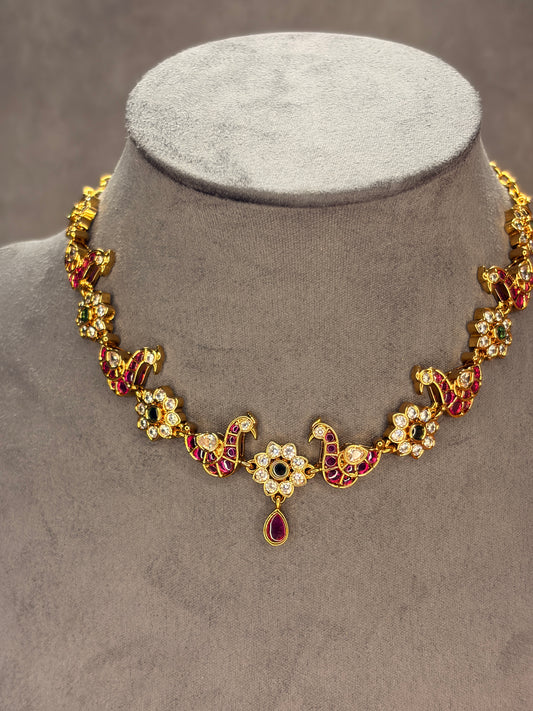 Matt Gold Jadau Kundan Peacock Necklace Set MJ182